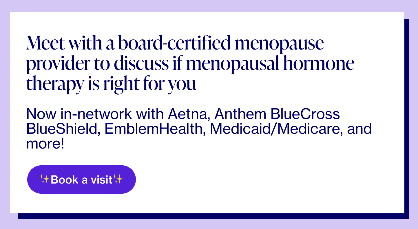 Banner reading "meet with a board-certified menopause provider to discuss if menopausal hormone therapy is right for you"